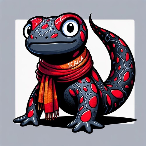 DALL·E 2024-02-18 22.14.38 - Design an alternative mascot for Scala programming language, named 'Scalable Salamander' or 'Scalamander'. This character combines the agility and ada